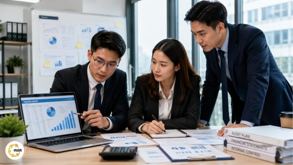 Kiểm toán viên đang phân tích báo cáo tài chính doanh nghiệp