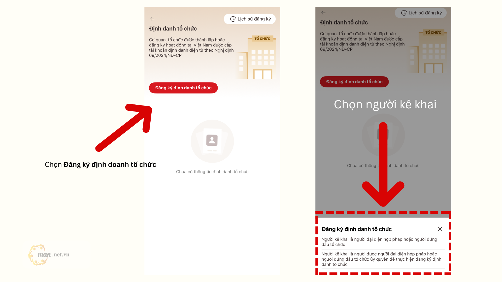 Bước 2: Chọn “Đăng ký định doanh tổ chức” theo hướng mũi tên và chọn loại Đăng ký định danh tổ chức theo doanh nghiệp (người dùng có thể xem cá nhân thuộc loại nào ở phân tích bên dưới)