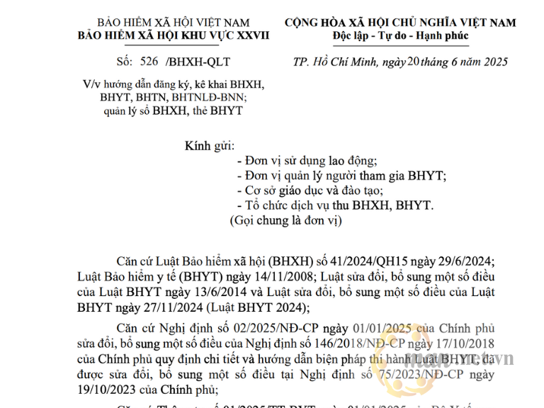 Công văn số 526/BHXH-QLT ngày 20/6/2025 của BHXH Khu vực XXVII