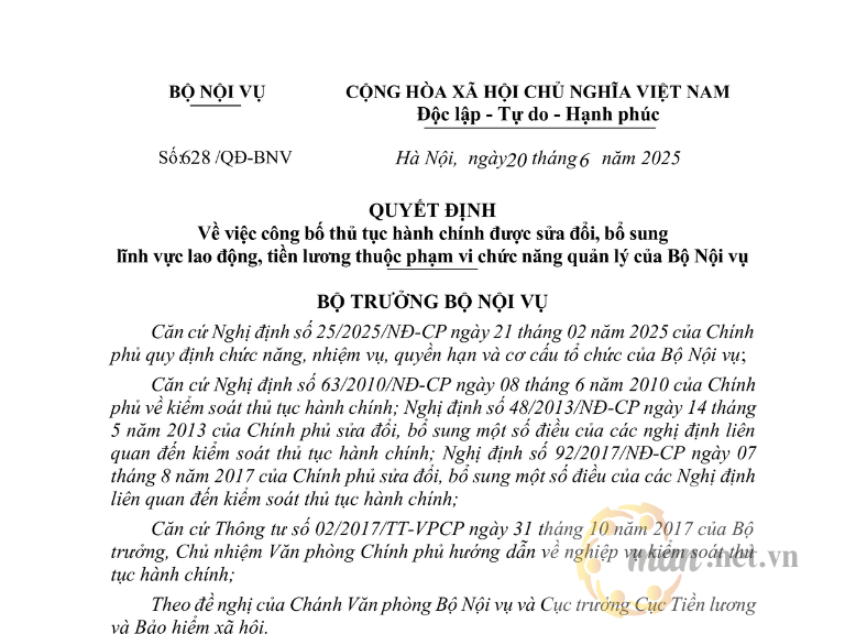Quyết định số 628/QĐ-BNV ngày 20/6/2025