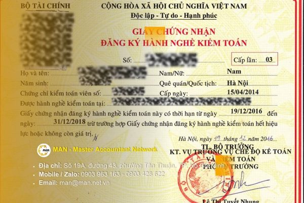 Chứng chỉ hành nghề kiểm toán của các chuyên gia tại MAN - Master Accountant Network