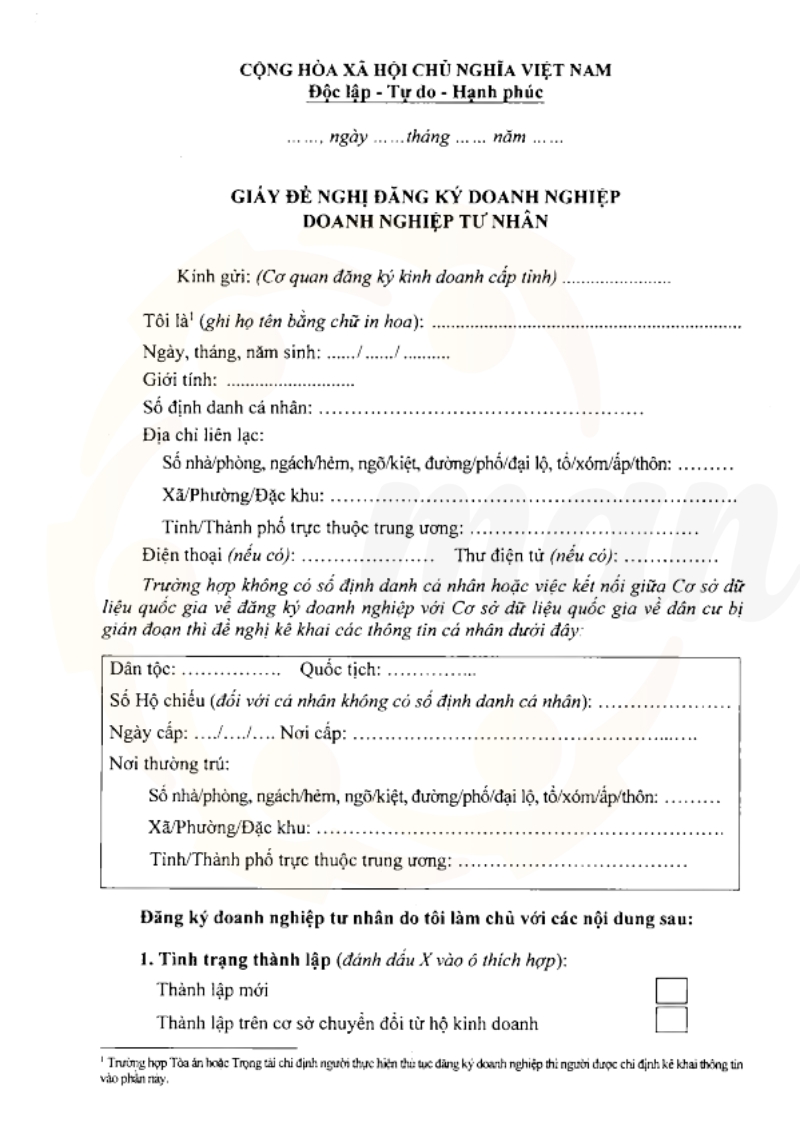Giấy đề nghị đăng ký doanh nghiệp tư nhân