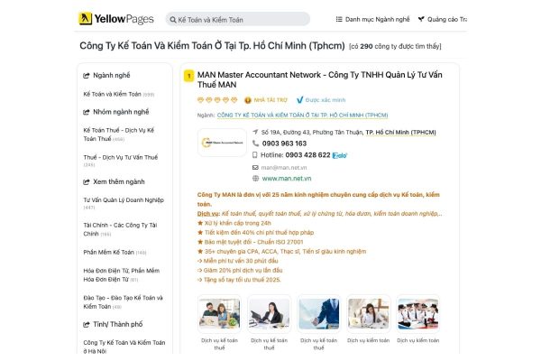 MAN là đơn vị tiên phong được chúng nhận từ Trang Vàng về chi phí thuê kiểm toán độc lập