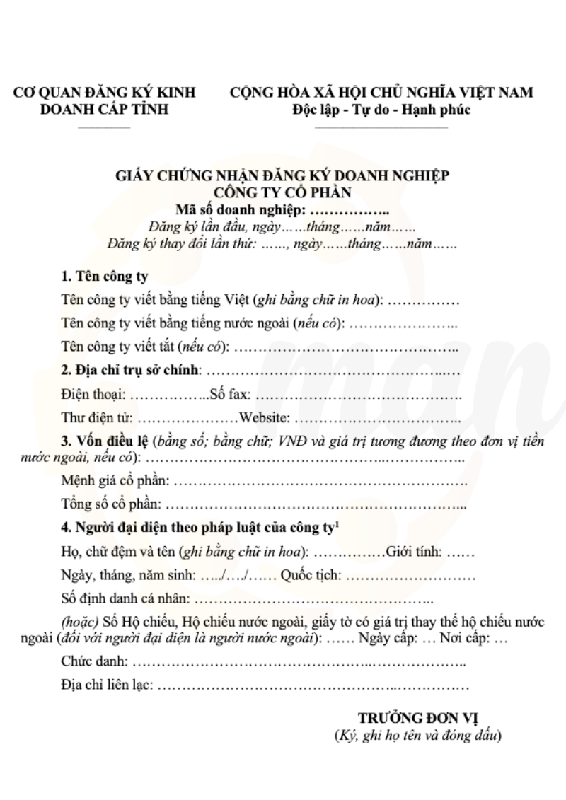 Mẫu giấy đăng ký doanh nghiệp của Công ty Cổ phần