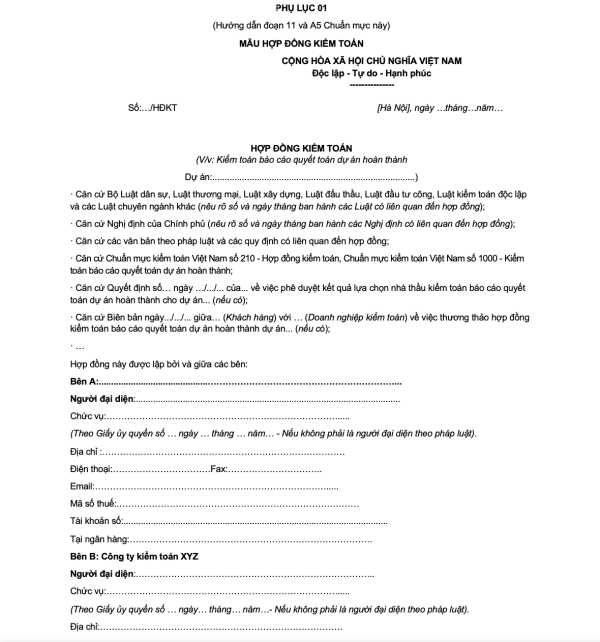 Mẫu hợp đồng kiểm toán báo cáo quyết toán dự án hoàn thành 2025