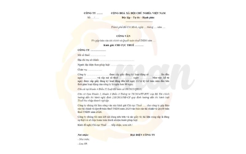 Mẫu Công văn xin gộp Báo cáo tài chính, Quyết toán thuế TNDN
