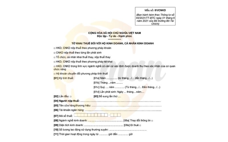 Tờ khai mẫu 01/CNKD ban hành kèm theo Thông tư 40/2021/TT-BTC