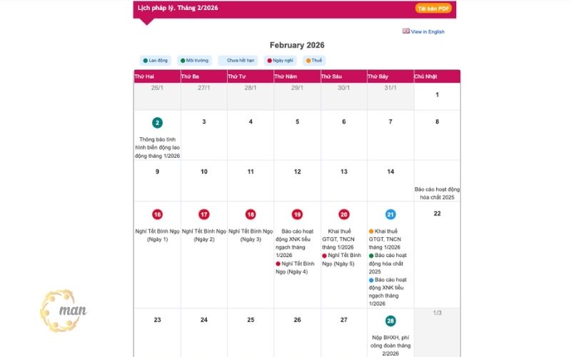 Lịch pháp lý tháng 2/2026