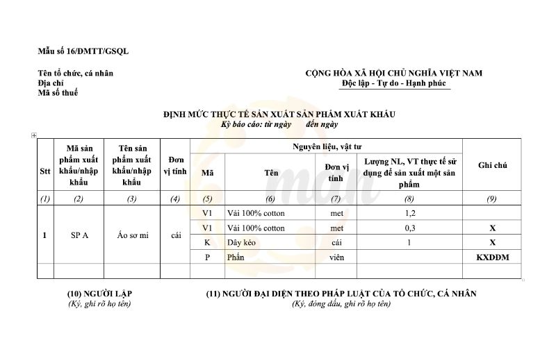 Mẫu số 16/ĐMTT/GSQL báo cáo định mức sử dụng nguyên vật liệu theo Thông tư 121