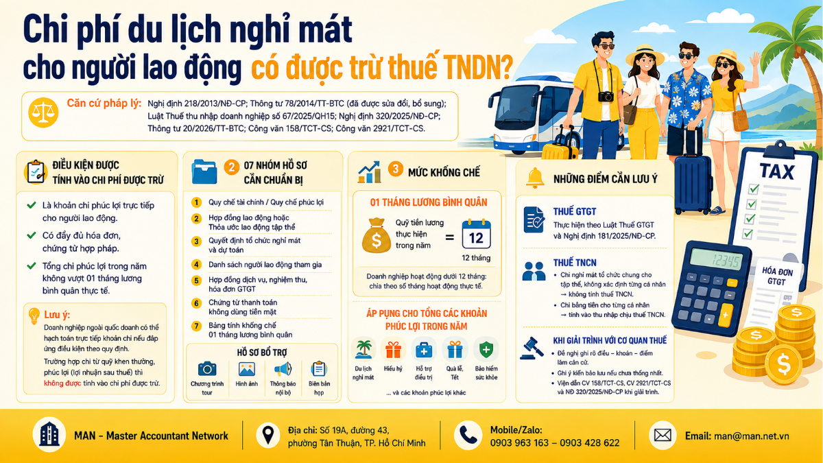 Infographic về điều kiện tính chi phí du lịch nghỉ mát cho người lao động vào chi phí được trừ khi tính thuế TNDN