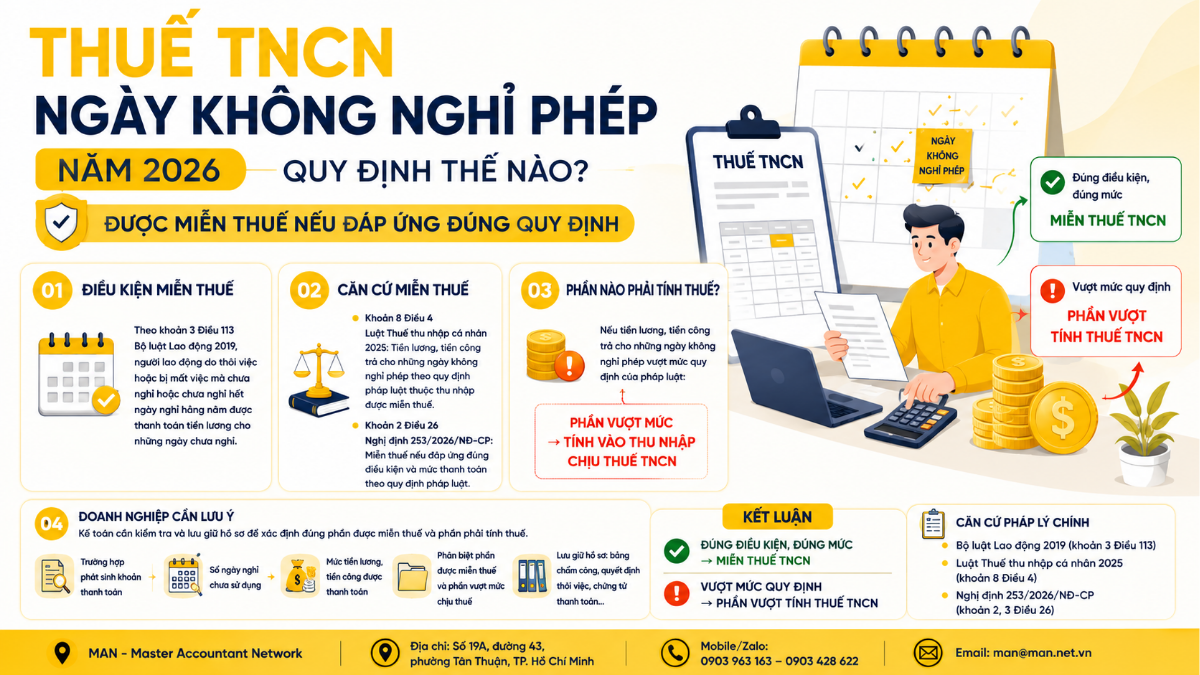Thuế TNCN ngày không nghỉ phép năm 2026 quy định thế nào