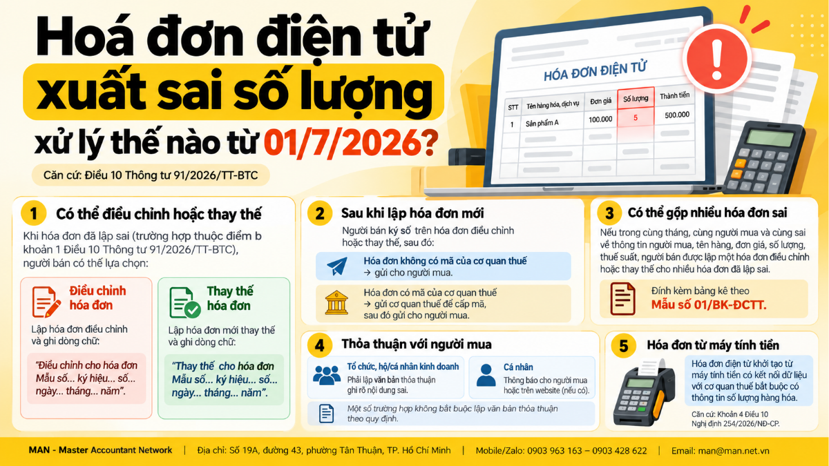 Hoá đơn điện tử xuất sai số lượng xử lý thế nào từ 01/7/2026