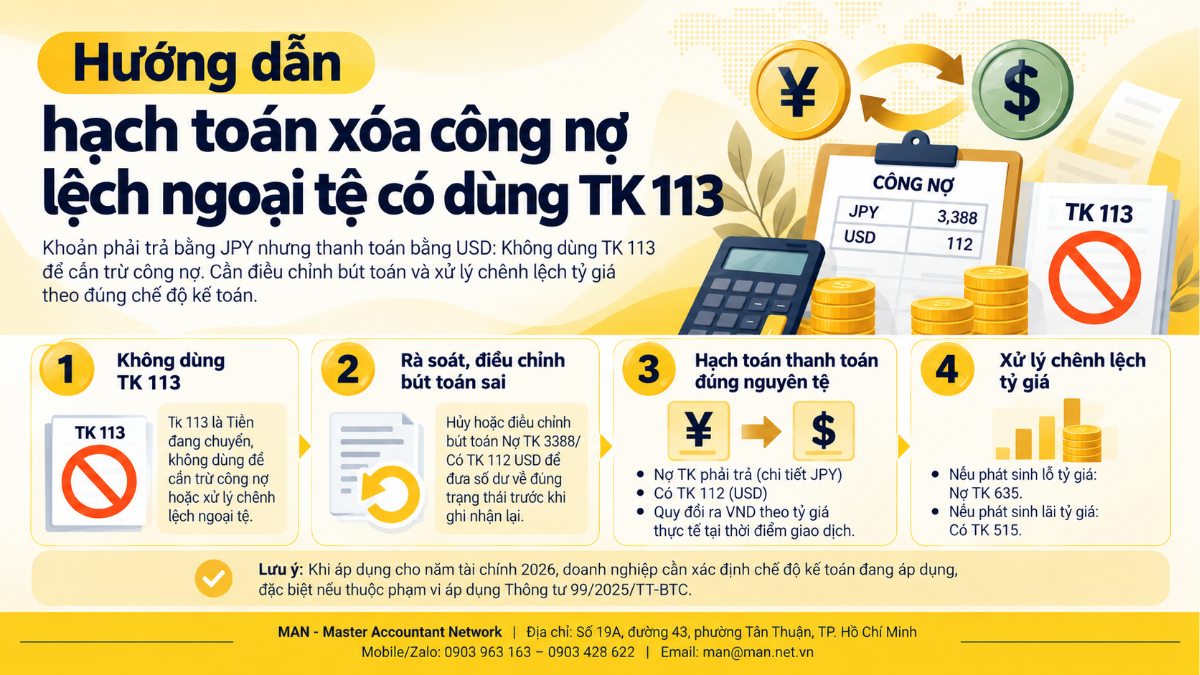 Hướng dẫn hạch toán xóa công nợ lệch ngoại tệ có dùng TK 113