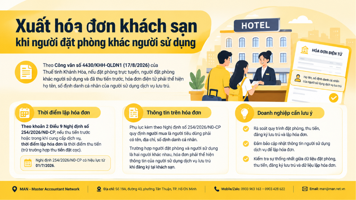 Xuất hóa đơn khách sạn khi người đặt phòng khác người sử dụng