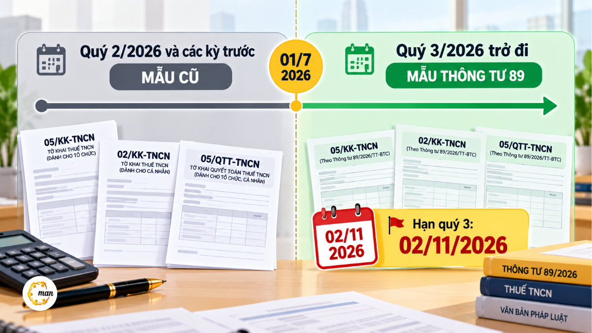 Mốc chuyển đổi mẫu tờ khai thuế TNCN: kỳ trước 01/7/2026 dùng mẫu cũ, từ quý 3/2026 dùng mẫu Thông tư 89