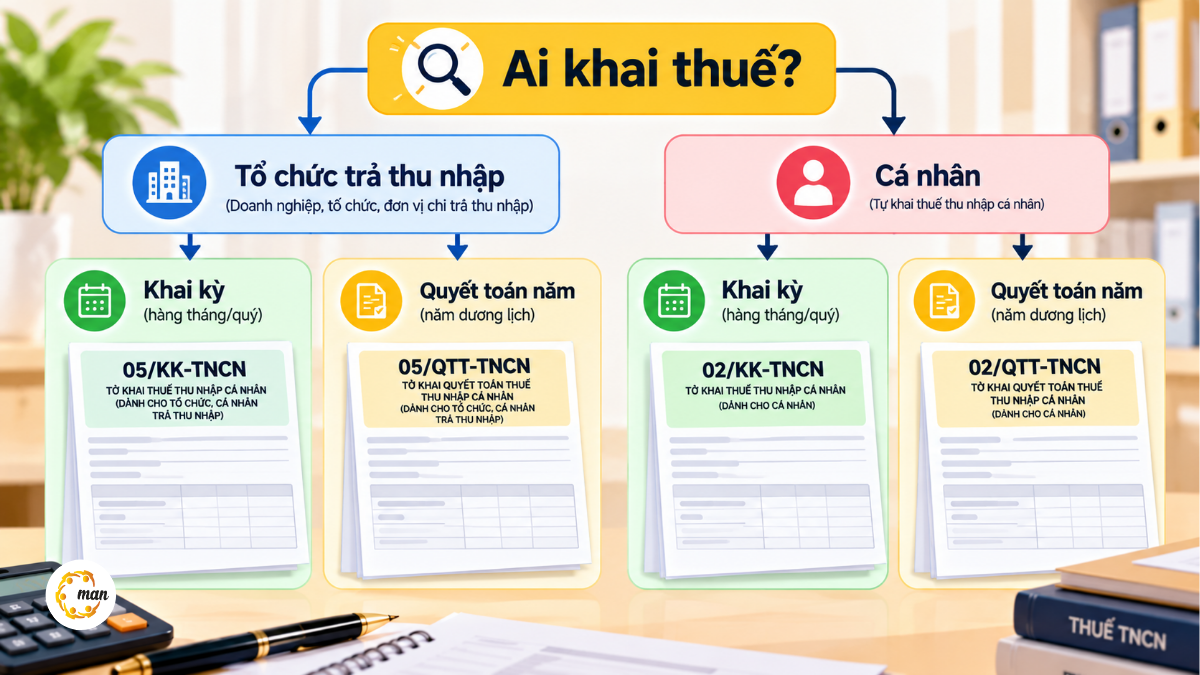 Sơ đồ chọn mẫu tờ khai thuế TNCN theo đối tượng: tổ chức trả lương dùng 05/KK-TNCN, cá nhân tự khai dùng 02/KK-TNCN